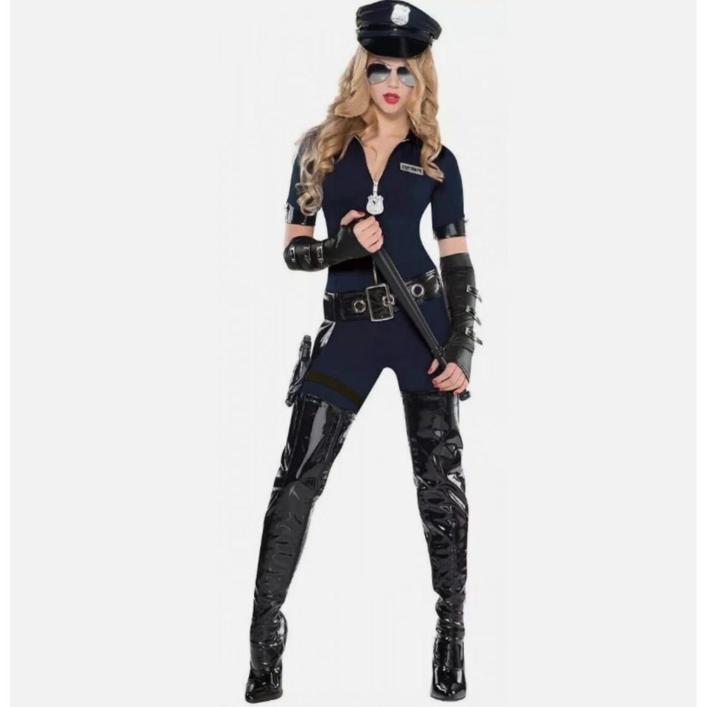 Stop Traffic Police Officer Costume Set Navy Blue Bodysuit Hat Gloves Belt XL